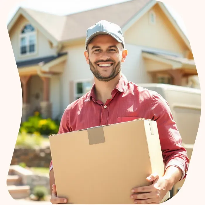 Two removalists moving boxes up stairs