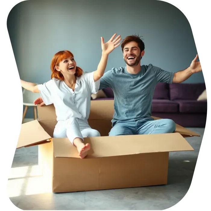 Two guys sitting on the floor of their apartment with Muval moving boxes